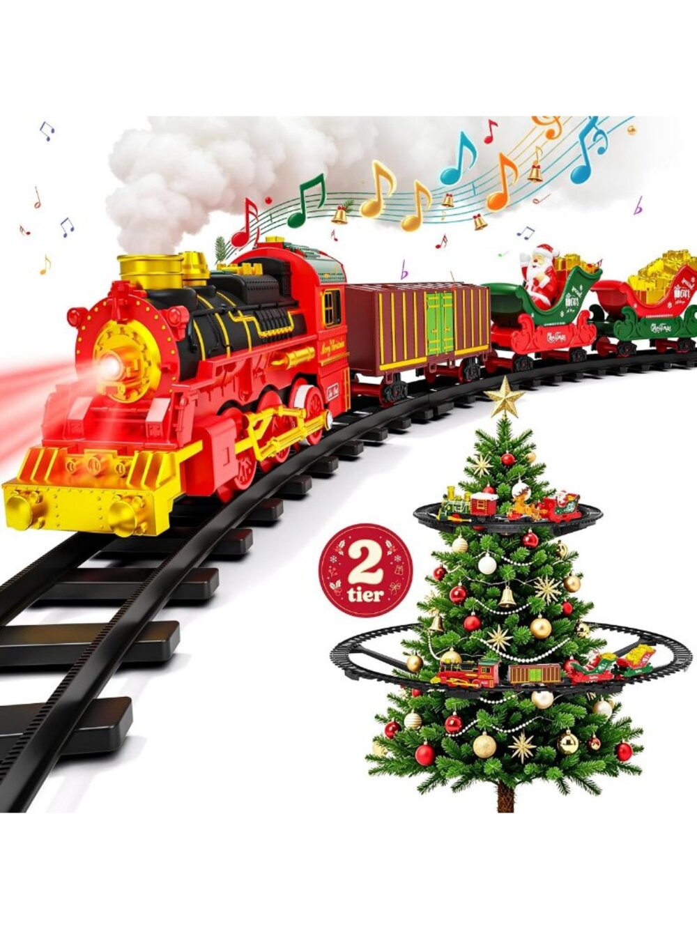 Hanging Christmas Tree Train Set, 2-Tier Toy Train with Light/Smoke/3 Music